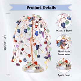 YATOJUZI Crystal Tree of Life 7 Chakra Feng Shui Money Tree with Agate Base Copper Wire Wrapped Natural Crystals Gemstones Tree Decor for Home Office Desk Decorations Gifts for Women Men