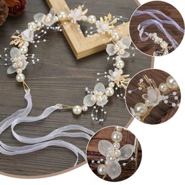 Flower Girl Headband Pearl and White Princess Flower Headpiece for Wedding with White Pearls Bridal Headpiece and Pearl Hair Dress for Flowers Girls and Bridesmaid