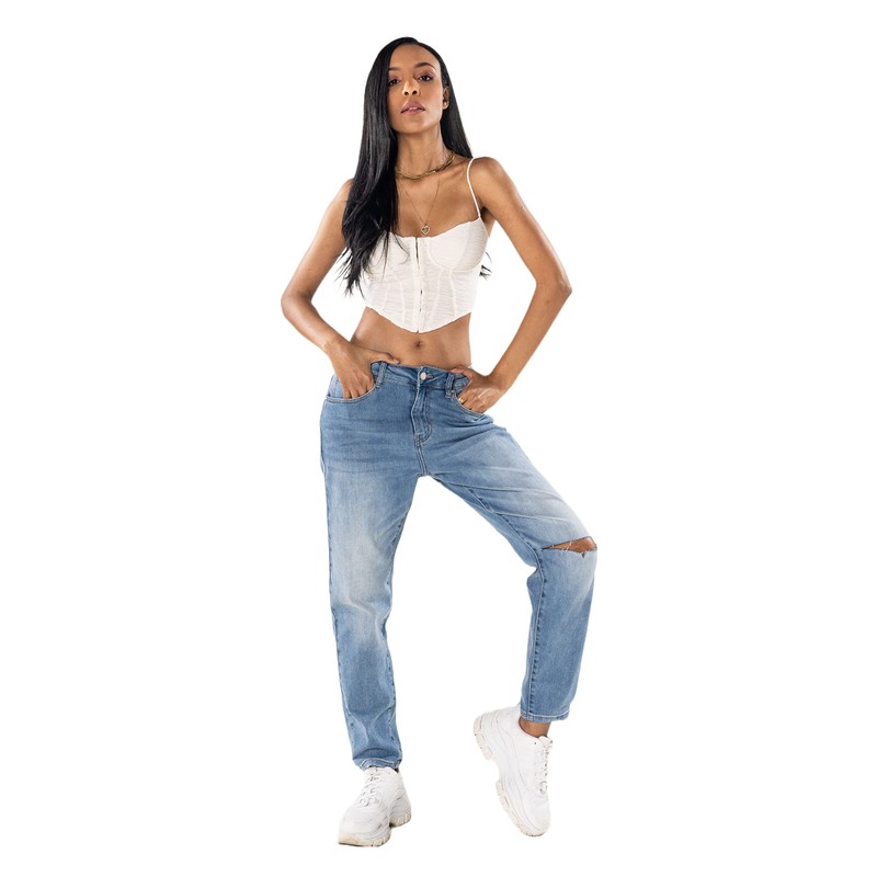 Nina Carter Women's High-Waist Boyfriend Jeans, Ripped Knee, Used Look,