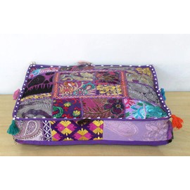 CRAFT KALA Indian Square Embroidered Designer Patchwork Traditional Pouf Cover Indian Living Room Decorative Ottoman Home Living Footstool Chair Cover Bohemian Ottoman Decor (18x18x5 inches, Purple)