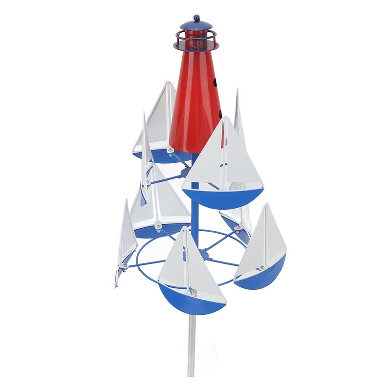 Summer Lighthouse Sailboat Windmills 360 Degree Rotation Weathervane Metal Windmill