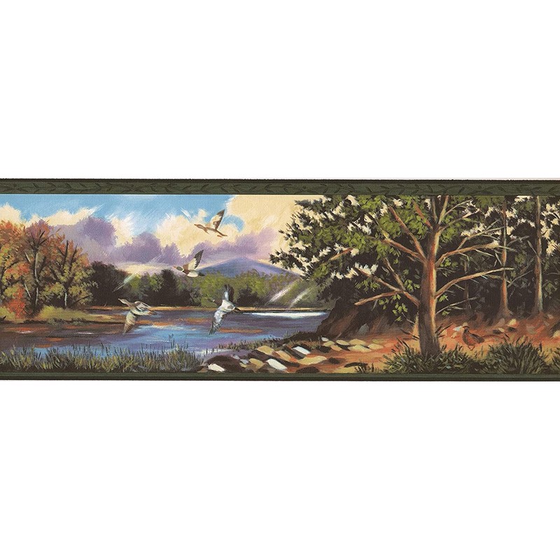 CONCORD WALLCOVERINGS Wallpaper Border Nature Pattern River Trees Birds Mountains,
