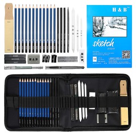 H & B Sketch Pad and Pencils Set 33 Pcs, Art Supplies Art Kit with Sketch Book Drawing Charcoal Pencil Eraser Sharpener Pencil Extender & Canvas Art Bag for Artist Beginners Kids Adults