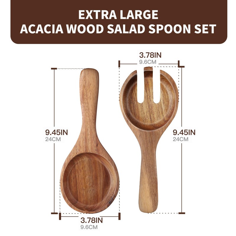 Large Glass Salad Bowls Set with Acacia Wood Base and