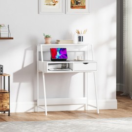 HOMCOM Home Office Desk, Computer Desk with A Frame for Small Spaces, Writing Table with Drawer and Storage Shelves, White