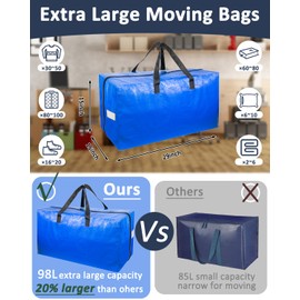 Extra Large Moving Bags with Strong Handles, 6 Pack Heavy Duty Storage Bags with Smooth Zipper, Oversized Storage Tote for Clothes Moving Supplies Dorm Essentials Household Containers