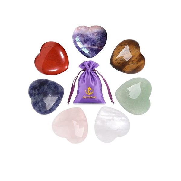 7 Chakra Healing Crystal Natural Heart Stones Set Crystals and Gemstones Healing Reiki Puff Heart Pocket Palm Stone for Stress Relief Chakra Balancing Home Decoration Yoga (7PCS)