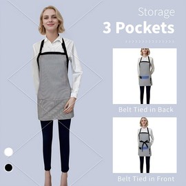 Syzornk Soft Cotton Aprons with 3 Pockets, Adjustable Women Bib Apron for Cooking Grilling Kitchen, Chef Waitress Server Short Apron for Men, Black/Brown Stripes, 2 Pack