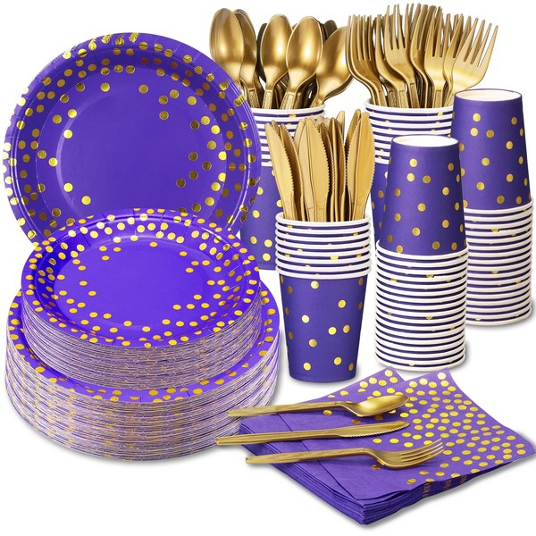 GuoZhiXin Purple and Gold Party Supplies 140 Pieces Golden Dot Disposable Party Dinnerware - Purple Paper Plates Napkins Cups, Gold Plastic Forks Knives Spoons for Baby Shower, Wedding, Graduation