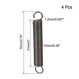 TOP-VIGOR 4Pcs Extension Compressed Spring, 1.2mm Wire Dia, 10mm OD, 70mm Free Length Durable Steel Compression Springs, Small Dual Hook Extended Tension Springs