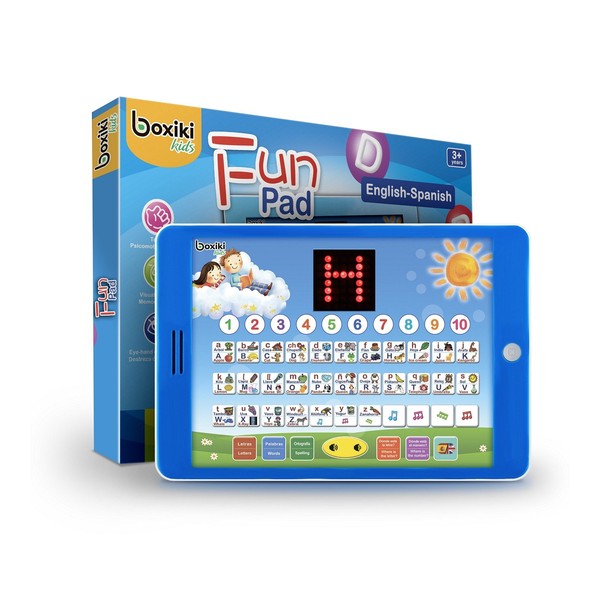 Spanish-English Tablet / Bilingual Educational Toy with LCD Screen Display. Touch-and-Teach Pad for Children. Learning Spanish and English. ABC Games, Spelling, “Where is?” Kids Game, Fun Melodies