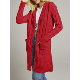 MEROKEETY Women's 2025 Long Sleeve Cable Knit Long Cardigan Open Front Button Sweater Outerwear Red X-Large