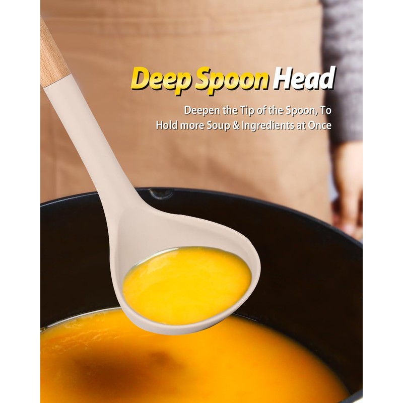 Silicone Pasta Fork and Ladle Spoon Set with Wooden Handle,