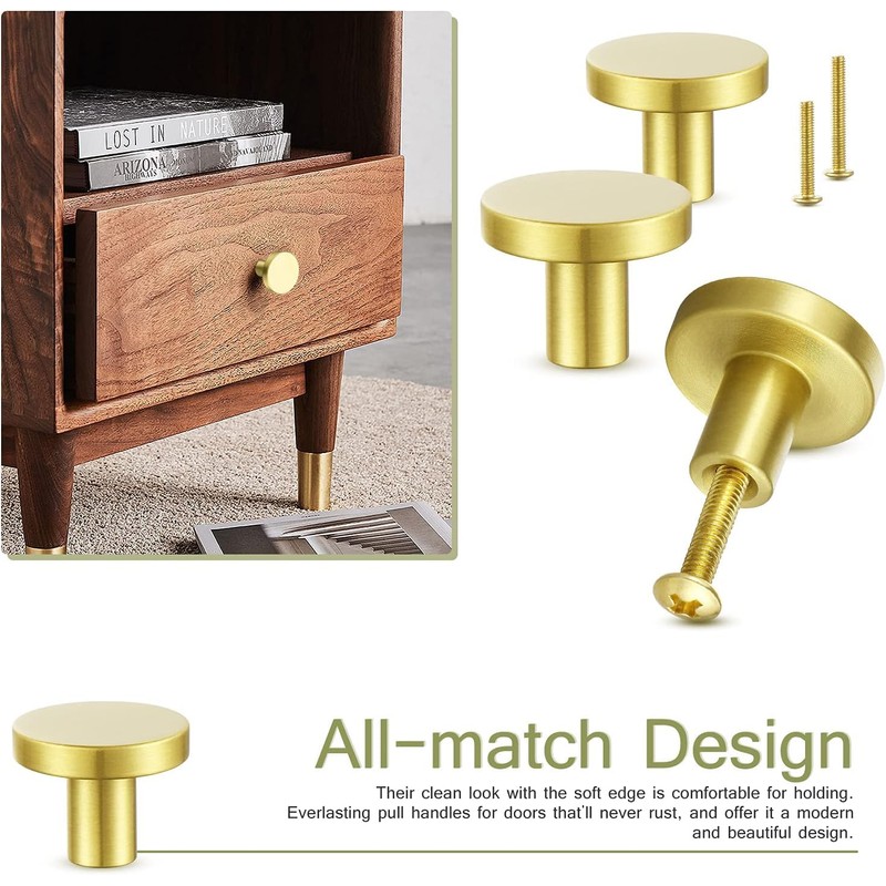 8PCS Brass Gold Cabinet Knobs, 25mm Small Round Dresser Knobs,