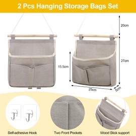 Pack of 2 Wall Organiser Hanging, Grey Wall Hanging Bags with Hooks, Foldable Wall Storage Bag with Pockets, Hanging Bag Wall, for Bedroom, Office, Study etc. (23 x 25 x 6 cm)