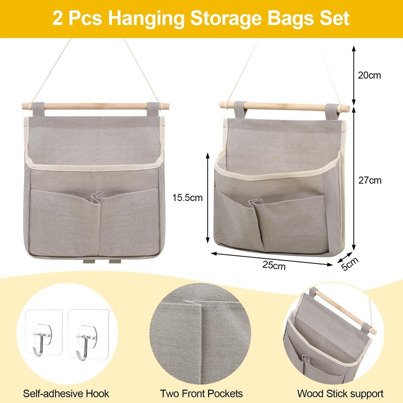 Pack of 2 Wall Organiser Hanging, Grey Wall Hanging Bags