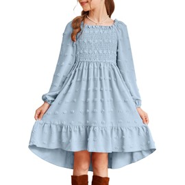blibean Girl Long Sleeve Dress Teen Winter Flower Dresses Tween School Polka Dot Smocked Clothes Big Kids Wedding Party Church Graduation Pockets Vestidos Niñas Size 14 15 16 Years Baby Blue