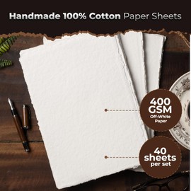 Egyptian Cotton Vintage Paper - 400 GSM, 40 Sheets, Deckled Edge, Textured for Drawing & Sketching