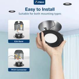 Amico 1 Pack Black Retrofit LED Recessed Lighting 4 Inch, Selectable 2700K/3000K/4000K/5000K/6000K, Dimmable LED Can Lights with Baffle Trim, 8.5W=60W, 650LM, IC & Damp Rated, ETL & FCC Certified