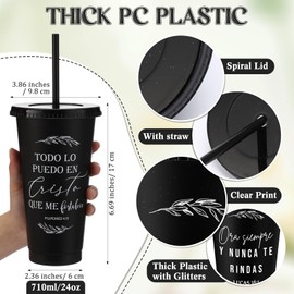 Hushee 10 Set Spanish Christian Tumblers with Lids Straws 24 oz Plastic Coffee Cups Spanish Regalos Cristianos Religious Gifts Father's Day Gifts in Bulk for Church Men(Black)