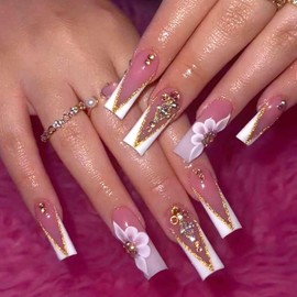 Long Press on Nails White French tips Square Fake Nails with White Flower Design Rhinestone Glue on Nails Glitter False Nails Reusable Glossy Spring Nails for Women Girls Manicure 24pcs
