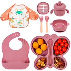 Silicone Baby Feeding Set, Baby Led Weaning Supplies, Silicone Suction Butterfly Plate, Bowl, Spoons, Fork and Waterproof Bib & Cloth Bib, Eating Utensils Baby Feeding Essentials (Pink)