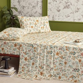 Wake In Cloud - Floral Bed Sheets, 4-Piece Sheet Set, Shabby Chic Flower Pattern Printed Coquette Cottagecore Vintage Aesthetic Bedding, Deep Pocket, Orange Cream, King Size
