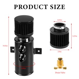 BWBWND 10AN Baffled Oil Catch Can, 750ml 2-Port Reservoir Tank with Breather Filter & Drain Valve, Universal Engine Air Oil Separator Aluminum Breather Tank Fits Most PCV Systems (Black)