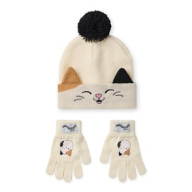 Squishmallows Beanie Hat & Gloves Set | Childrens Knitted Winter Hat with Cam The Cat Character in Beige | Kids One Size Cold Weather Hat & Gloves with Pom Poms | Plush Toy Merchandise Gift