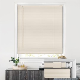 LazBlinds No Tools No Drill Cordless 1" Vinyl Mini Blinds, 100% Privacy S-Curve Blinds for Indoor Windows, Room Darkening Horizontal Window Blinds and Shades for Home, 22" W x 64" H, Beige