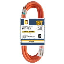 EP 15 Ft Lighted Outdoor Extension Cord - 10/3 SJTW Heavy Duty Orange Extension Cable with 3 Prong Grounded Plug for Safety, UL Listed