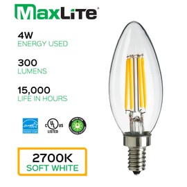 MaxLite Candelabra LED Chandelier Bulbs, 40W Equivalent, Enclosed Fixture Rated, 300 Lumens, Dimmable Filament Candle Bulbs, E12 Base, Energy Star, Wet Rated, 2700K Soft White, 12-Pack