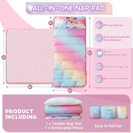 Unicorn Toddler Nap Mats for Preschool Daycare Girls Rainbow Cartoon Kids Sleeping Mats Toddler Slumber Bag Nap Pad with Removable Pillow for Girls Boys Kindergarten Sleepovers Travel and Camping