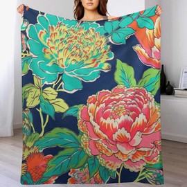 PrintingCo Navy Pink Chinoiserie Peony Floral Blanket Japanese Couch Blanket 70"x80" Premium Super Cozy Reversible Vintage Chinoiserie Blankets for Adults Anniversary Birthday Decor