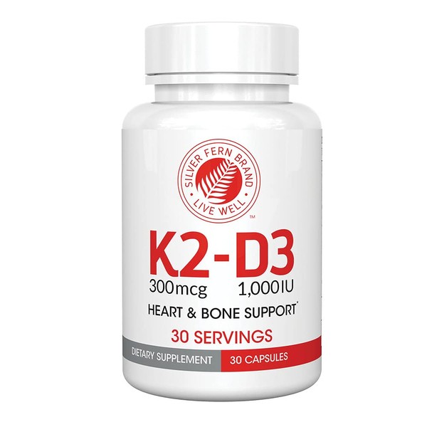 Silver Fern Vitamin K2-D3 Supplement Brand - Natural, Non-Synthetic - K2-7 as Menaquinone-7 (MK-7) - D3 as cholecalciferol - Bone, Heart & Energy Support (2 Bottles - 60 Capsules - 60 Servings)
