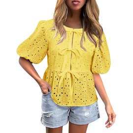 FARORO Women's Dressy Casual Cute Summer Tops Short Puff Sleeve Babydoll Peplum Embroidered Blouse Bow Tie Front Hollow Out Lace Shirts Yellow Large