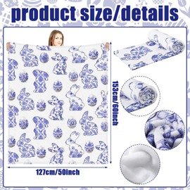 Mindsoft Buryeah Easter Bunny Blue White Blanket Easter Egg Chinoiserie Floral Blanket Gifts Flannel Throw Blanket Farmhouse French Blanket Sofa Soft Bed Blankets for Women Friends 50 * 60 Inch