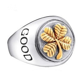 PAMTIER Men's Stainless Steel Four-Leaf Clover Good Luck Signet Ring High Polished Silver Gold Size 6
