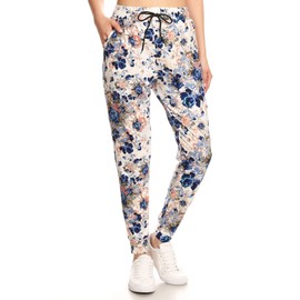 Leggings Depot Women's Relaxed fit Jogger Pants - Track Cuff Sweatpants with Pockets-R593, Large, Bloom Time