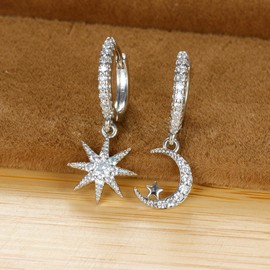 925 Sterling Silber Creolen Ohrringe mit Anhänger, Asymmetrische Stern Mond Funkelnde CZ Tropfen Ohrringe für Damen, Hypoallergen Kleine Schlafen Knorpel Ohrringe Schmuck Geschenk