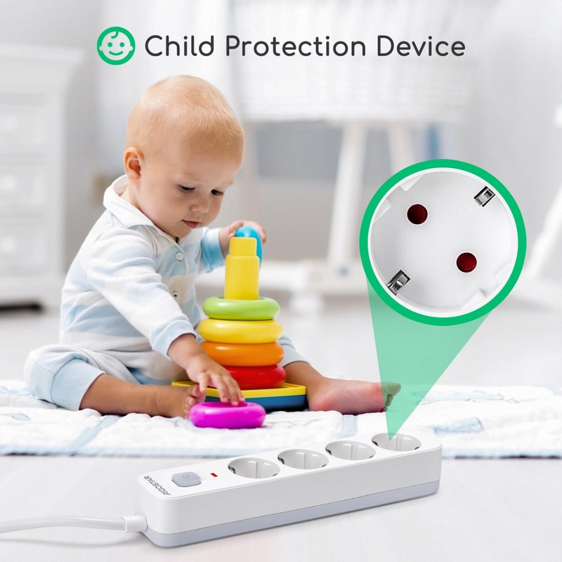 Aigostar 4-Way Power Strip with Switch, Multiple Socket with Child