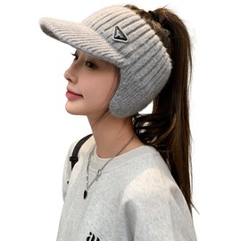 YUSSTAR Open Beanie with Earflaps Visor Brim Bun Ponytail Winter Golf Tennis Hats Women (Grey)