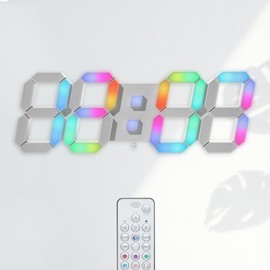 KOSUMOSU LED Wall Clock 15" RGB Digital LED Clock for Living Room Decor, Large Display Gaming Room Clocks, Dimming/12/24 Hr Time/Date/Temp/Remote (White Clock with Neon Light)