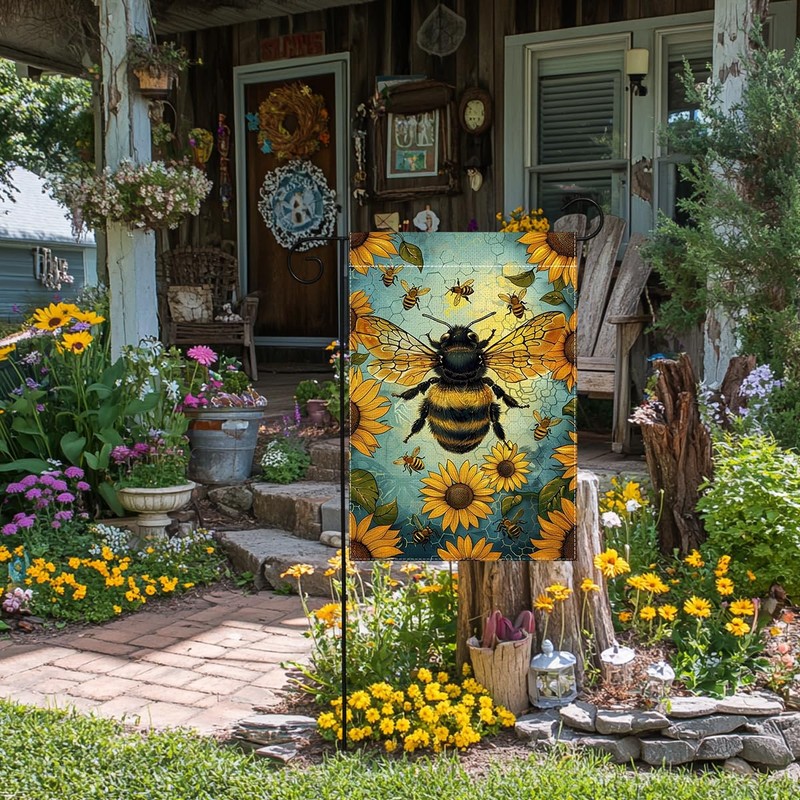 Spring Summer Bee Sunflower Floral Garden Flag 12x18 Inch Double