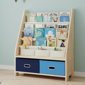 Solid Wood Kids Bookshelf, Kids Book Rack with 2 Toy Storage Organizer, Sling Bookcase for Boys, Girls, Kids Room and Nursery - Color: Blue Drawers