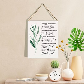 Christian Wall Decor, Bible Verse Wall Decor Wooden Hanging Sign, Happy Moments Praise God Difficult Moments Seek God, Scripture Wall Art Decor for Farmhouse Home Office Bedroom, 8 x 10 Inches