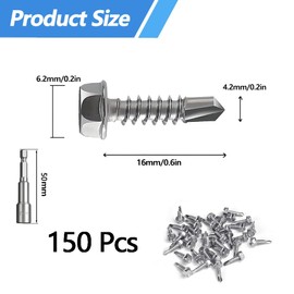 Jyvex 150 Pieces Self-Tapping Screws M4.2 x 16 mm + 1 Piece Hexagonal Bit Socket Wrench Set 410 Stainless Steel Tapping Screws Hexagon Screws Drilling Screws Stainless Steel Metal Roofing Screws