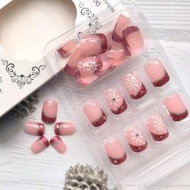 24Pcs Christmas French Tip Press on Nails Short Santa Fake Nails Winter Snowflake with Rhinestones Design Red Artificial Nail Tips Nude Pink Full Cover Glue on Nails Stick on Nails for Women Girls DIY