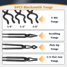 V-SEK Blacksmith Knife Making Tongs Set - 3/8" 1/2" 5/8" V-Bit, 1/4 Flat Jaw, Pick Up, Scroll - Assembled Blacksmithing Bladesmith Steel Forge Tongs (6PCS)