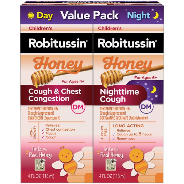 Robitussin Honey Cough & Chest Congestion DM and Nighttime Cough DM, Variety Pack of Cough Medicine for Kids, Made with Honey Flavor - 4 Fl Oz Bottles (Pack of 2)